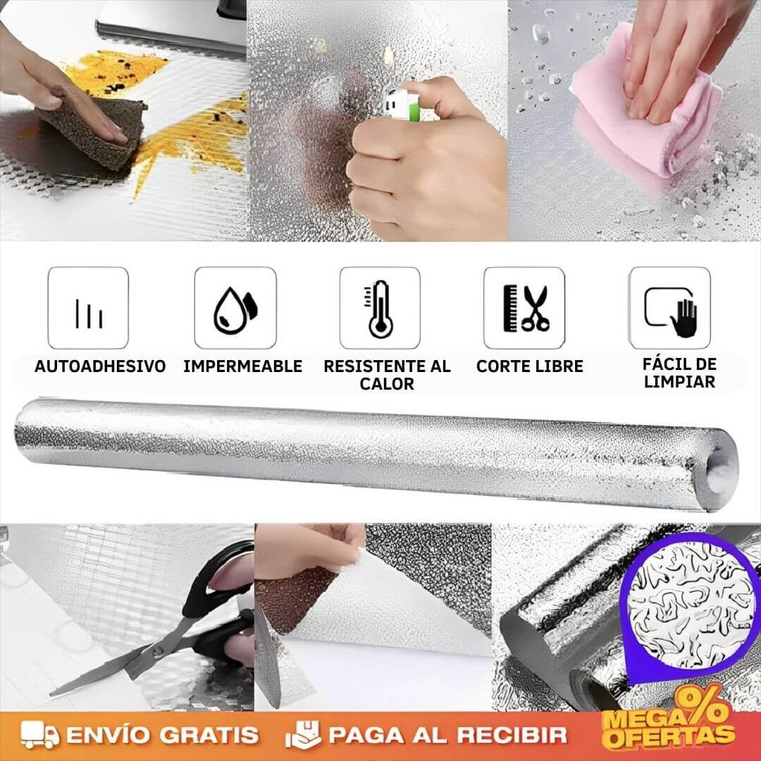 Papel Aluminio Autoadhesivo, Resistente al calor, lavable de 5 Mts x 60 cm